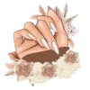 Stiker kuku nail art panjang dengan desain elegan warna nude yang digunakan pada kuku panjang wanita.